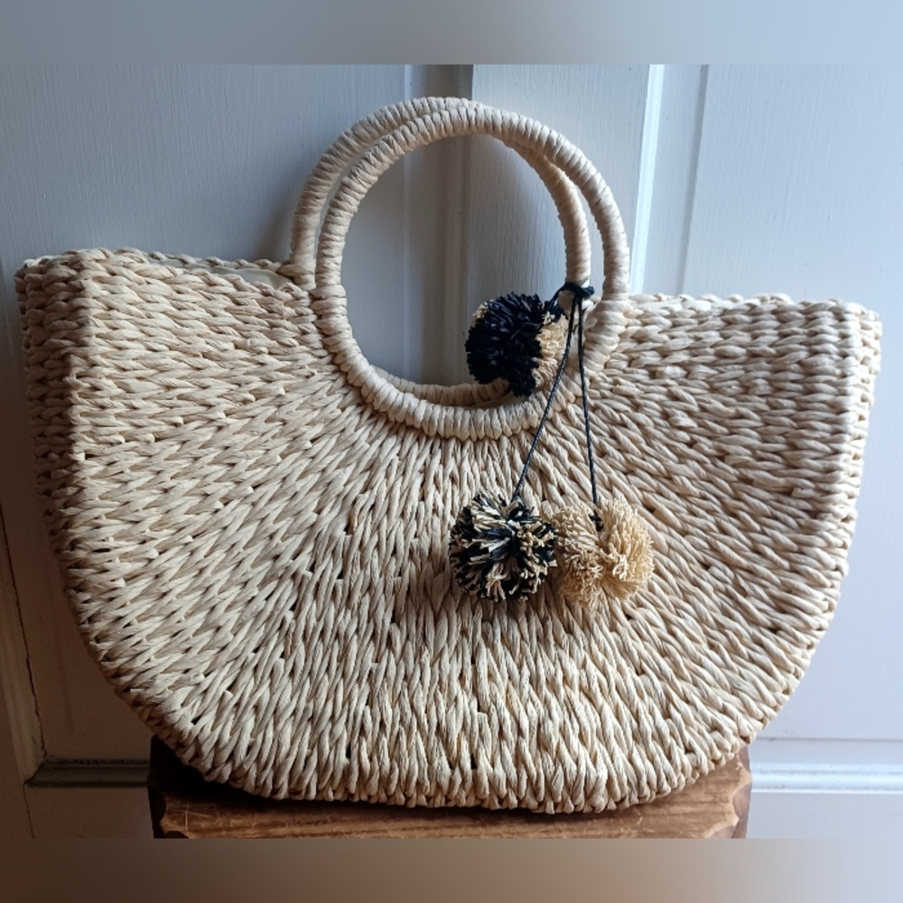 Melie Bianco Woven Straw Tote Bag with Pom Pom Accent